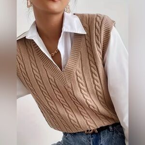 Roolee V-Neck Cable Knit Sweater Vest in Tan